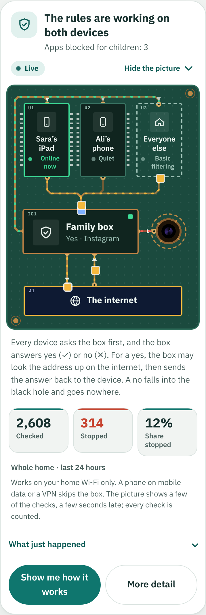 The live picture: each device on top, the family box in the middle and the internet below