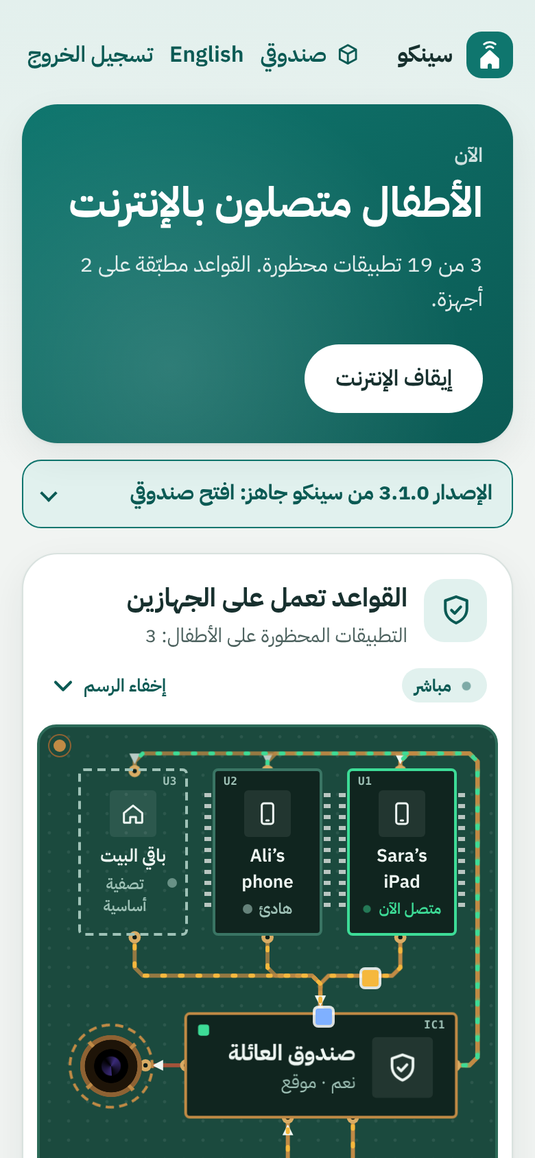The Sinko home page in Arabic, laid out right to left